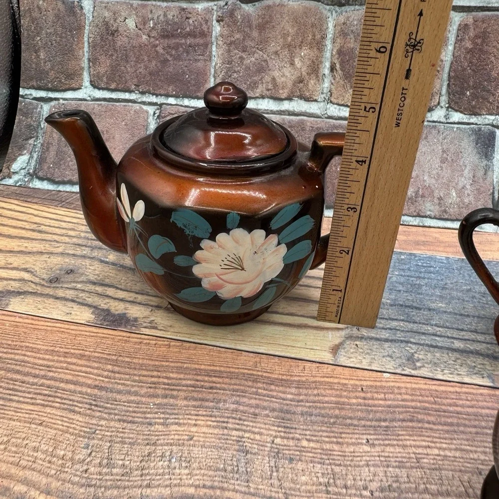 Vintage Japanese Moriage Redware Tea Set Floral‎ 1940s Pottery Pot Creamer Sugar